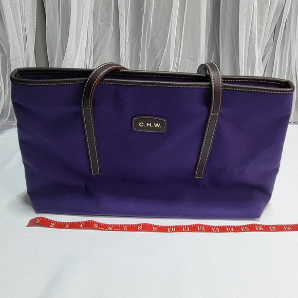 Purple Canvas 17" Shoulder Bucket Bag Carrying Tote with Brown Straps - Picture 10 of 11